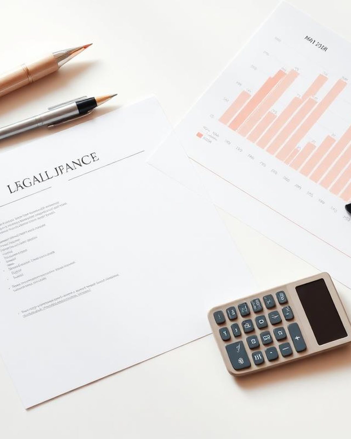 Documentos jurídicos, calculadora e gráficos financeiros sobre a mesa